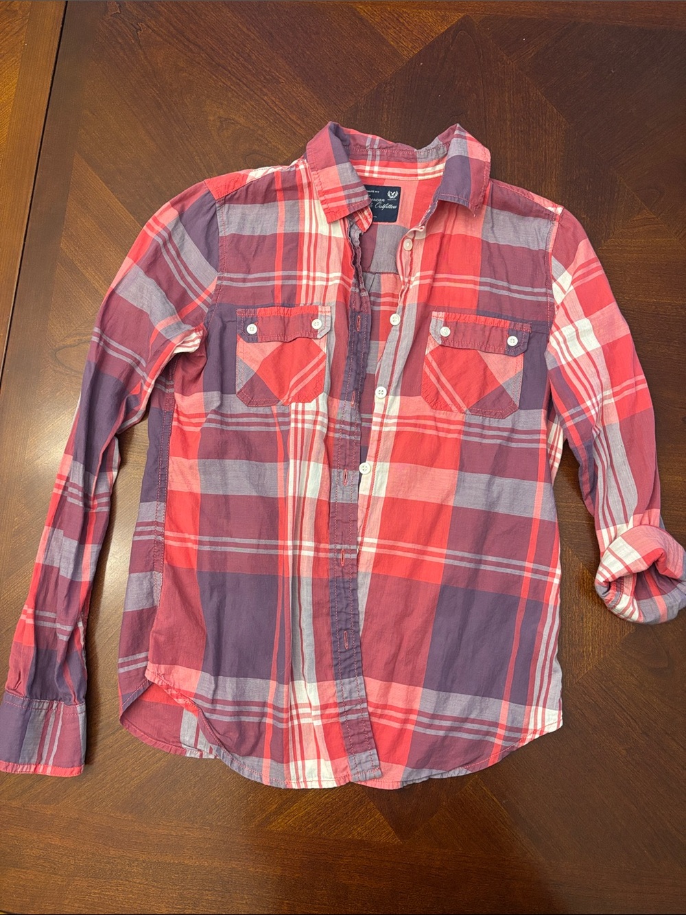 American Eagle Outfitters pink and Purple Plaid Button-Down Shirt